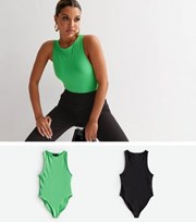New Look 2 Pack Black and Green Slinky Racer Bodysuits